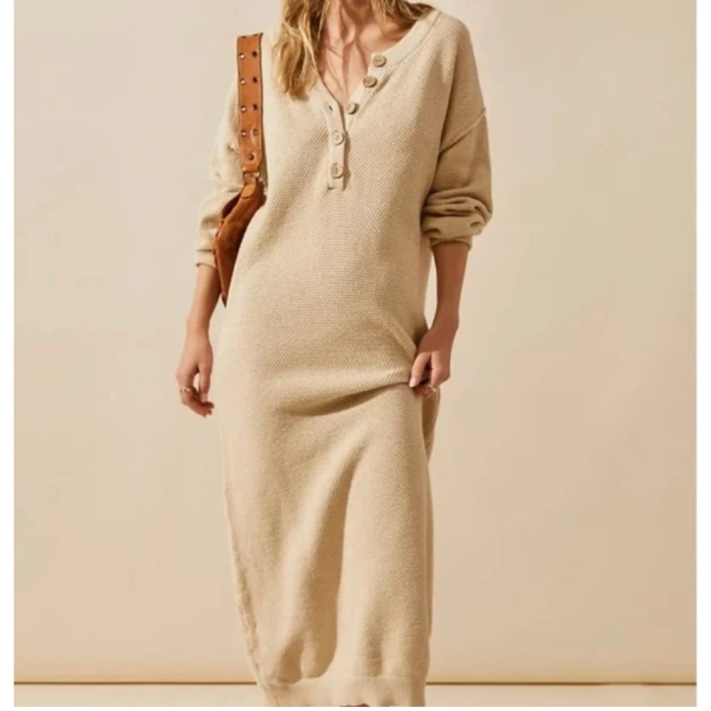 Free People Cream Knit Midi Henley Dress
